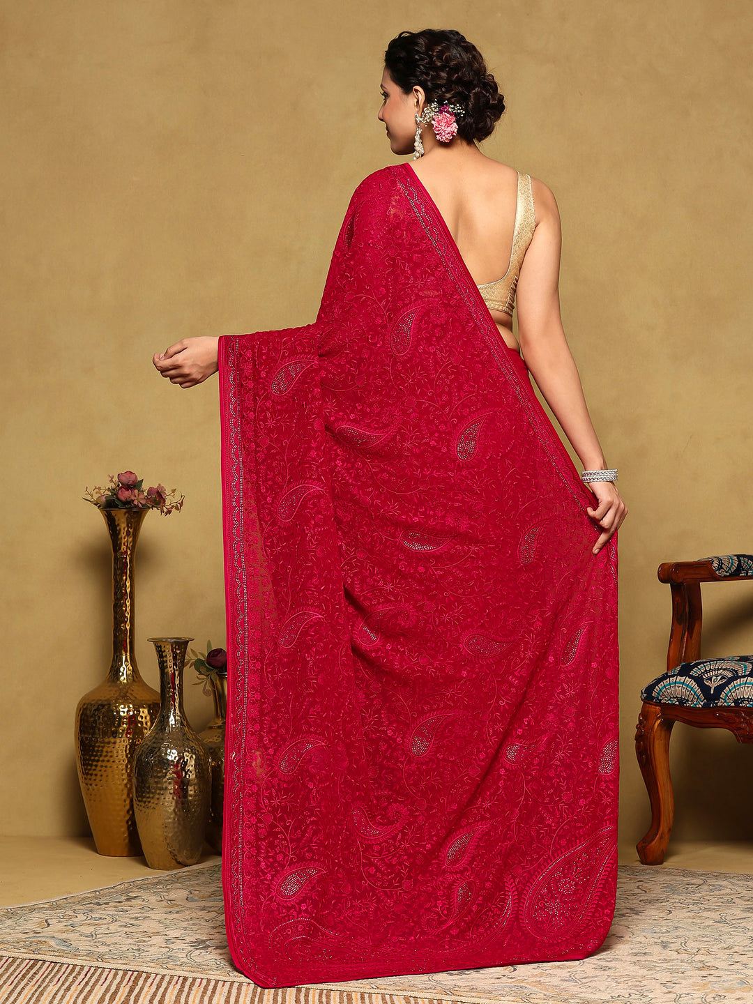 Rani Embroidered Georgette Saree
