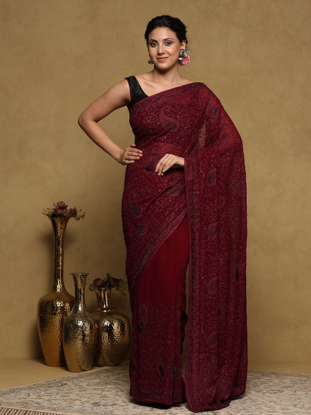 Wine Embroidered Georgette Saree