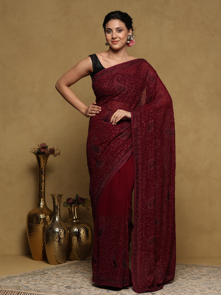 Wine Embroidered Georgette Saree