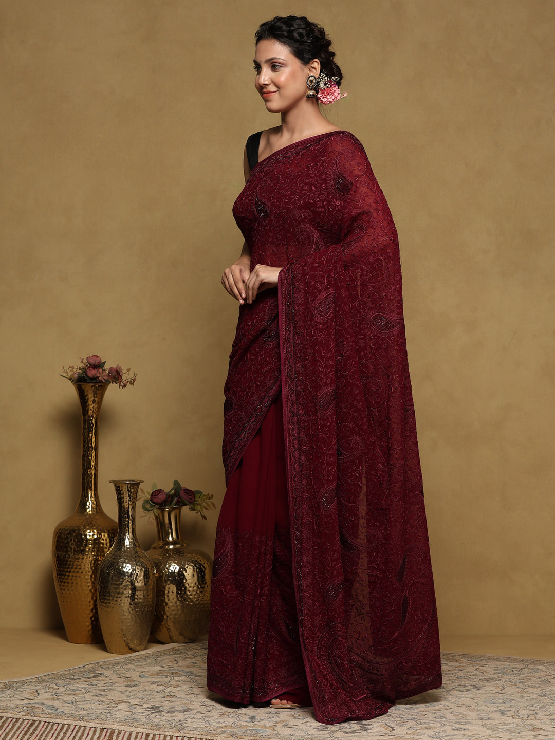 Wine Embroidered Georgette Saree