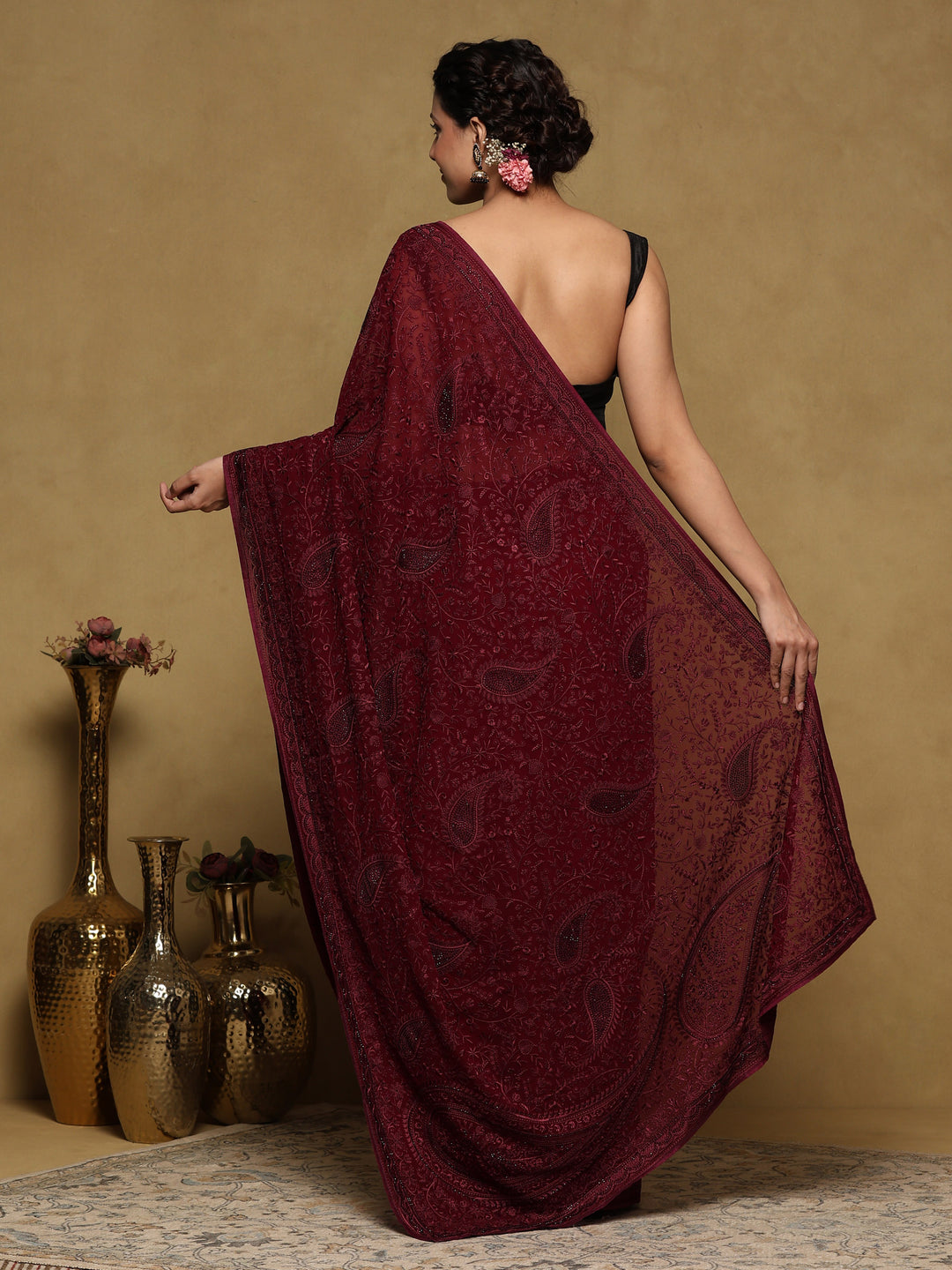 Wine Embroidered Georgette Saree