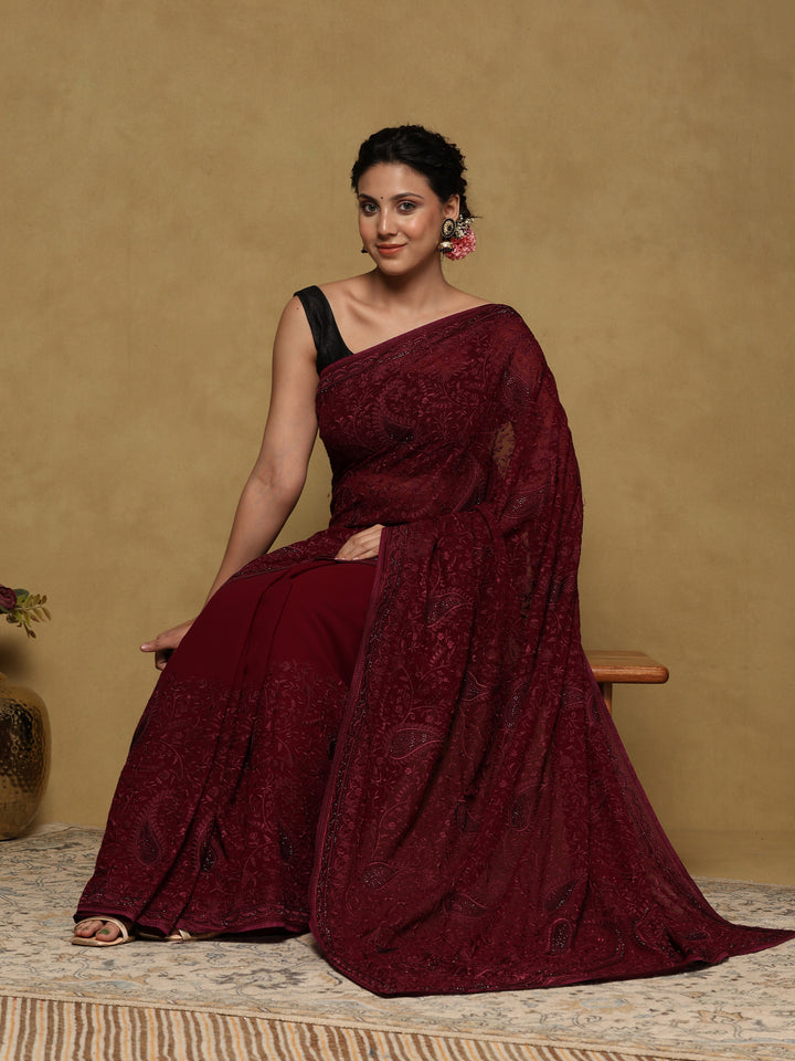Wine Embroidered Georgette Saree