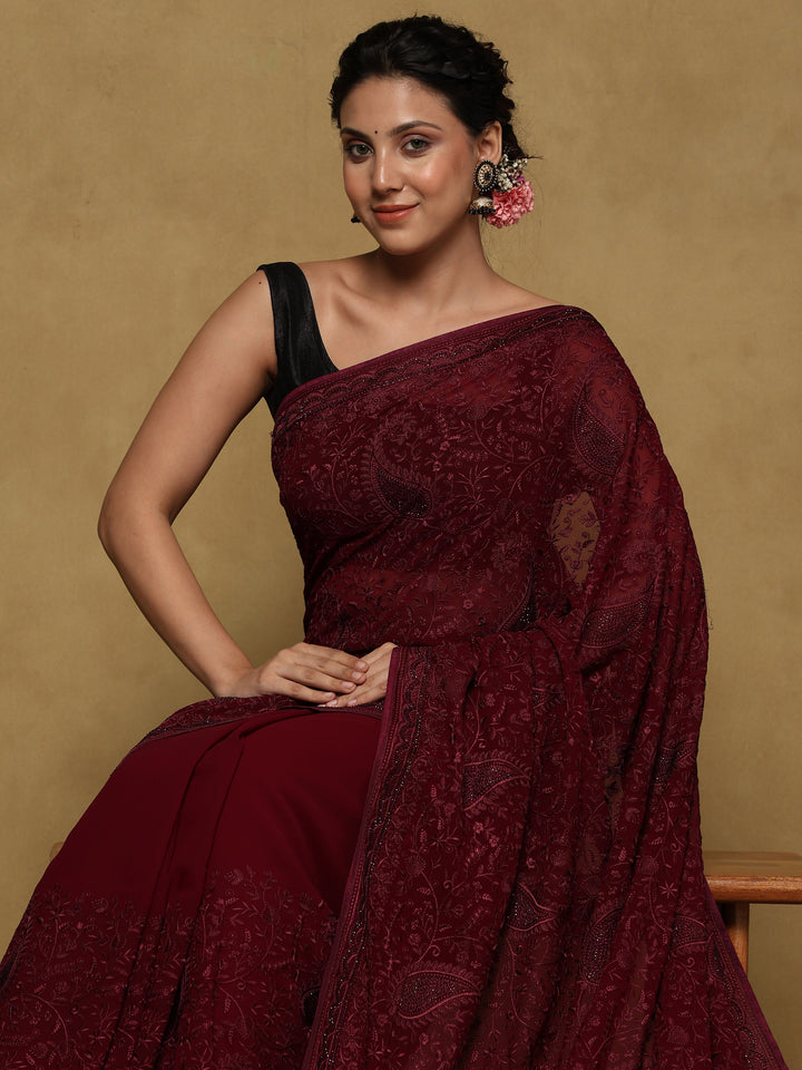 Wine Embroidered Georgette Saree