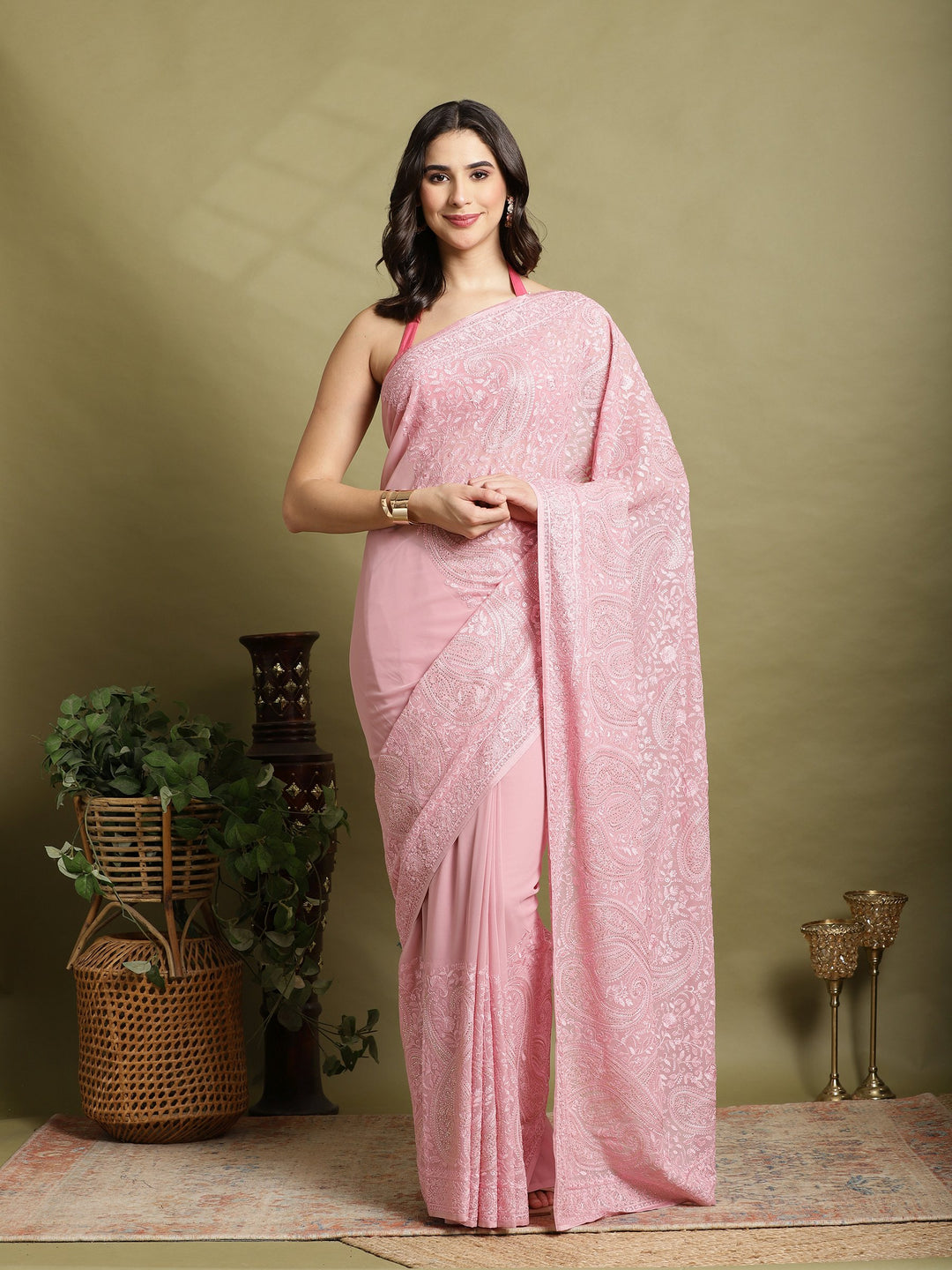 Pink Embroidered Georgette Saree
