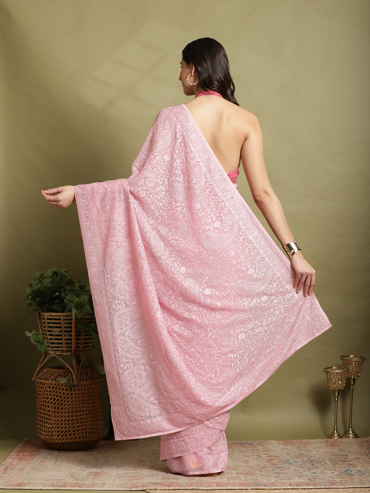 Pink Embroidered Georgette Saree