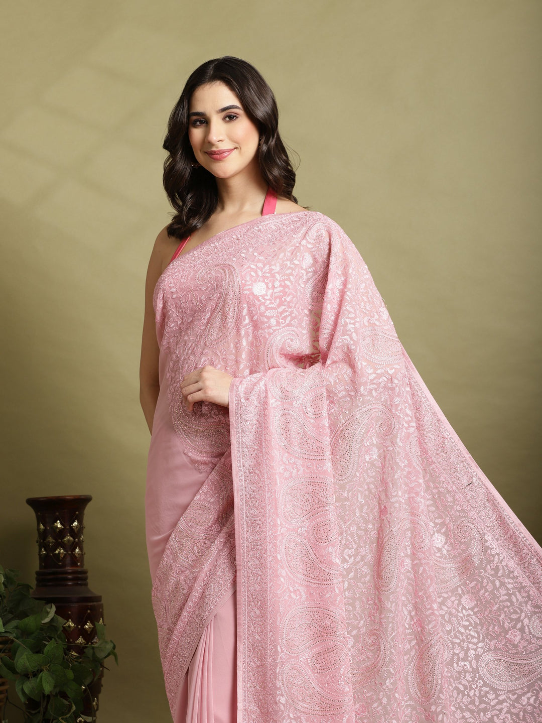 Pink Embroidered Georgette Saree