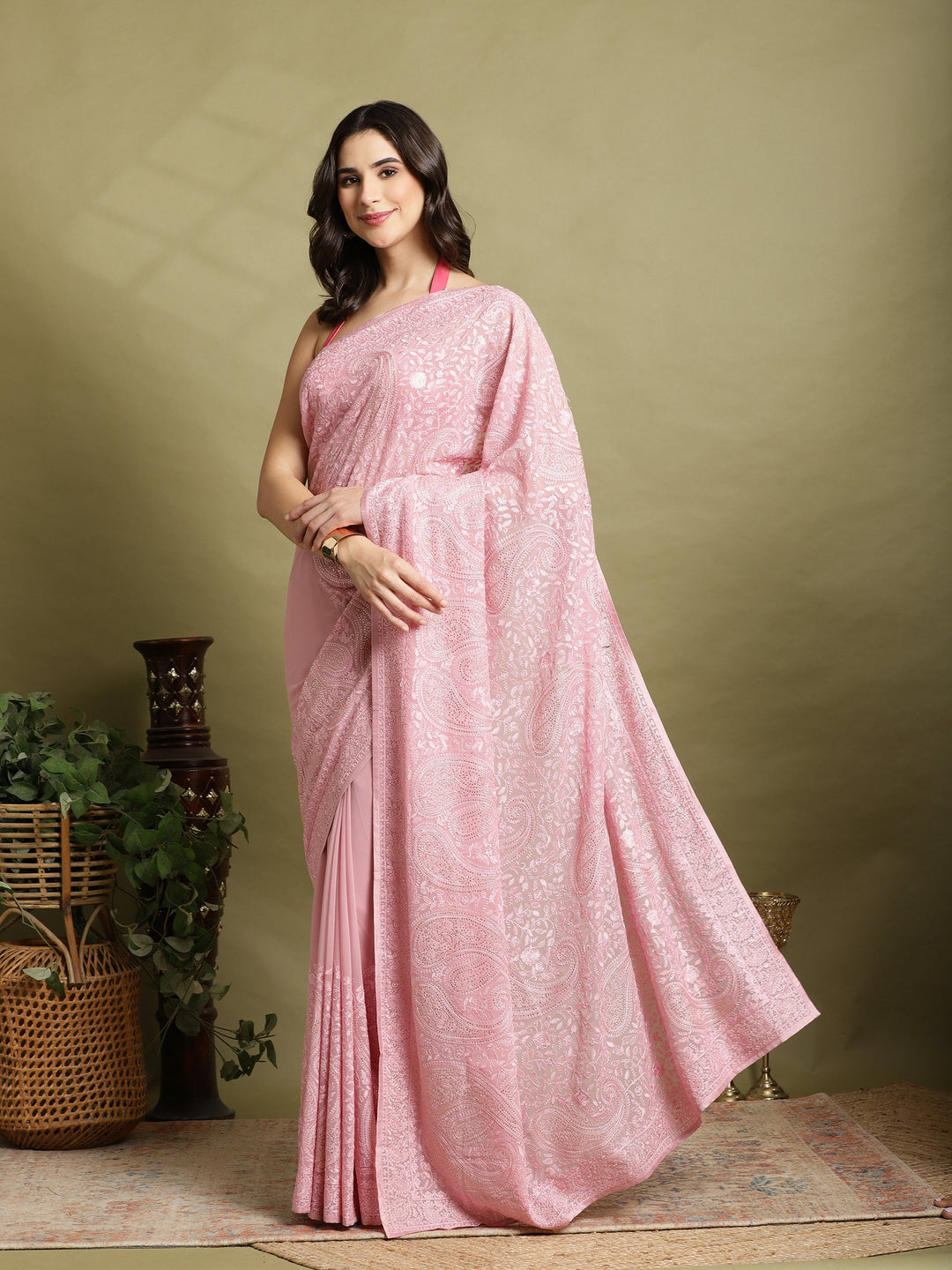 Pink Embroidered Georgette Saree