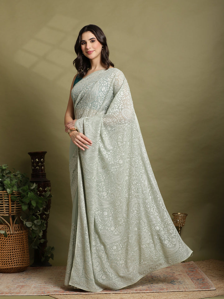 Sea Green Embroidered Georgette Saree