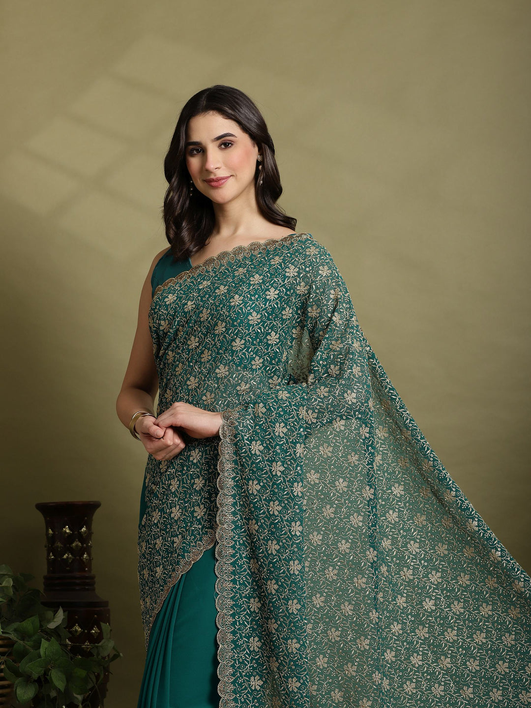 Green Embroidered Georgette Saree