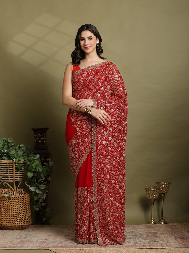 Red Embroidered Georgette Saree