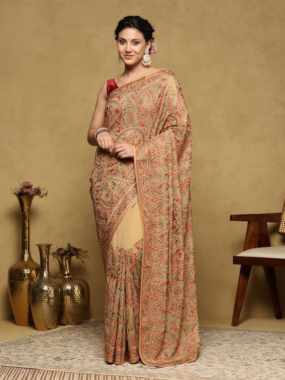 Beige Embroidered Georgette Saree