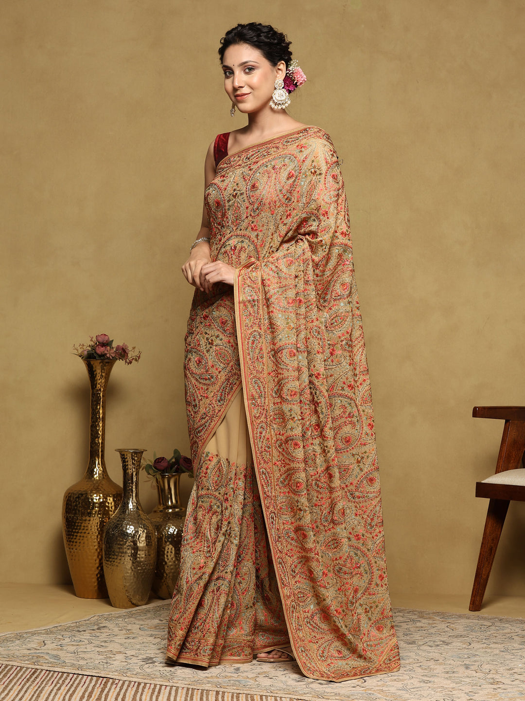 Beige Embroidered Georgette Saree