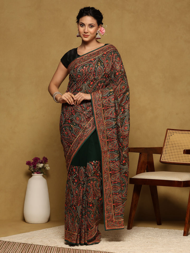 Bottle Green Embroidered Georgette Saree