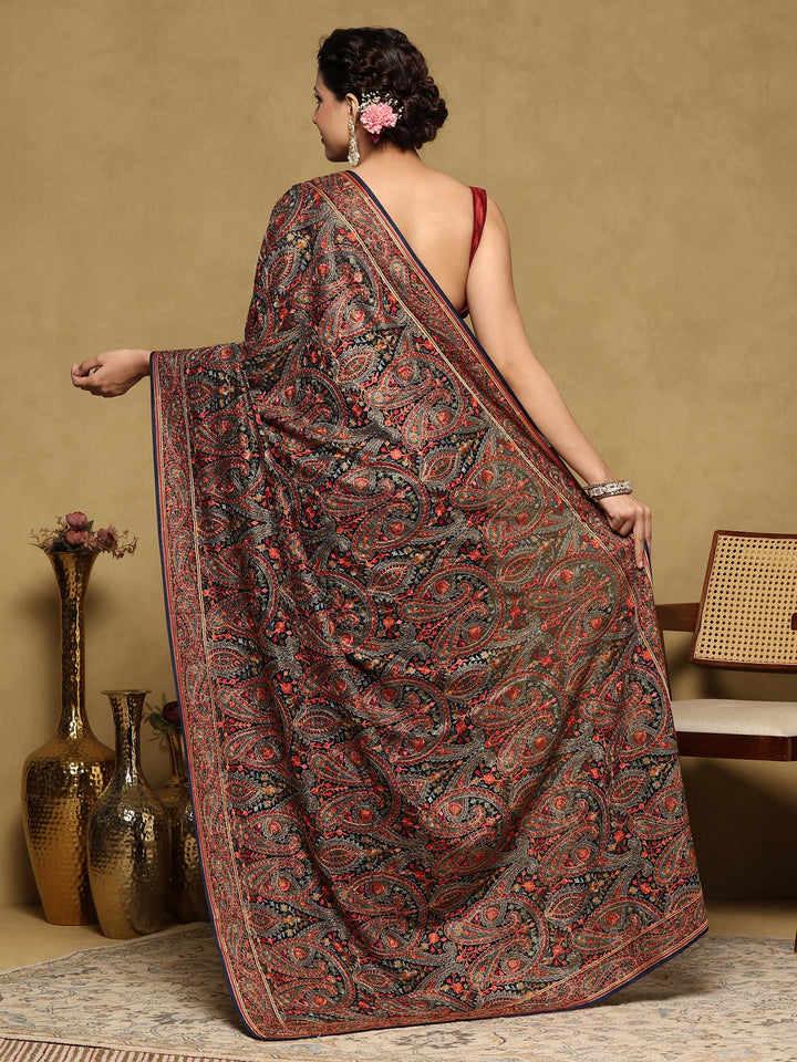 Navy Blue Embroidered Georgette Saree
