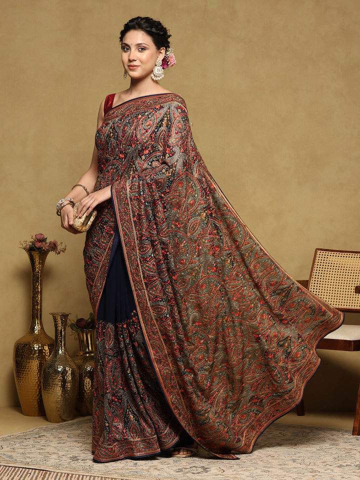 Navy Blue Embroidered Georgette Saree