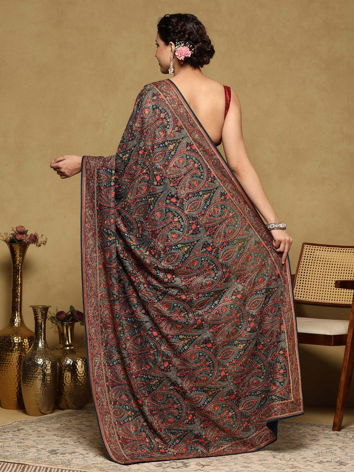 Peacock Blue Embroidered Georgette Saree