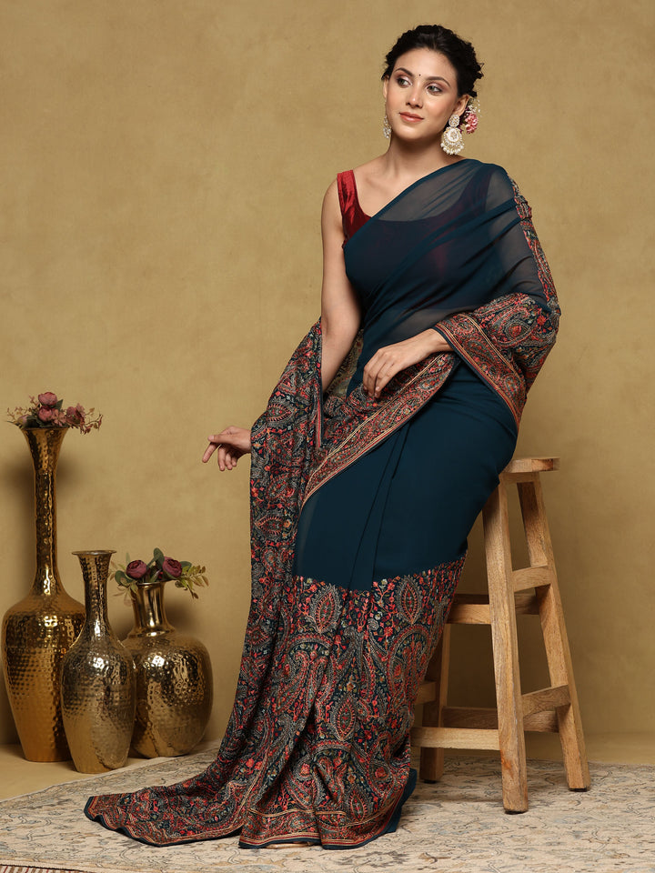 Peacock Blue Embroidered Georgette Saree