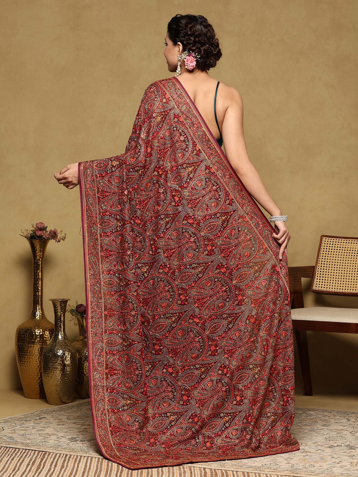 Wine Embroidered Georgette Saree