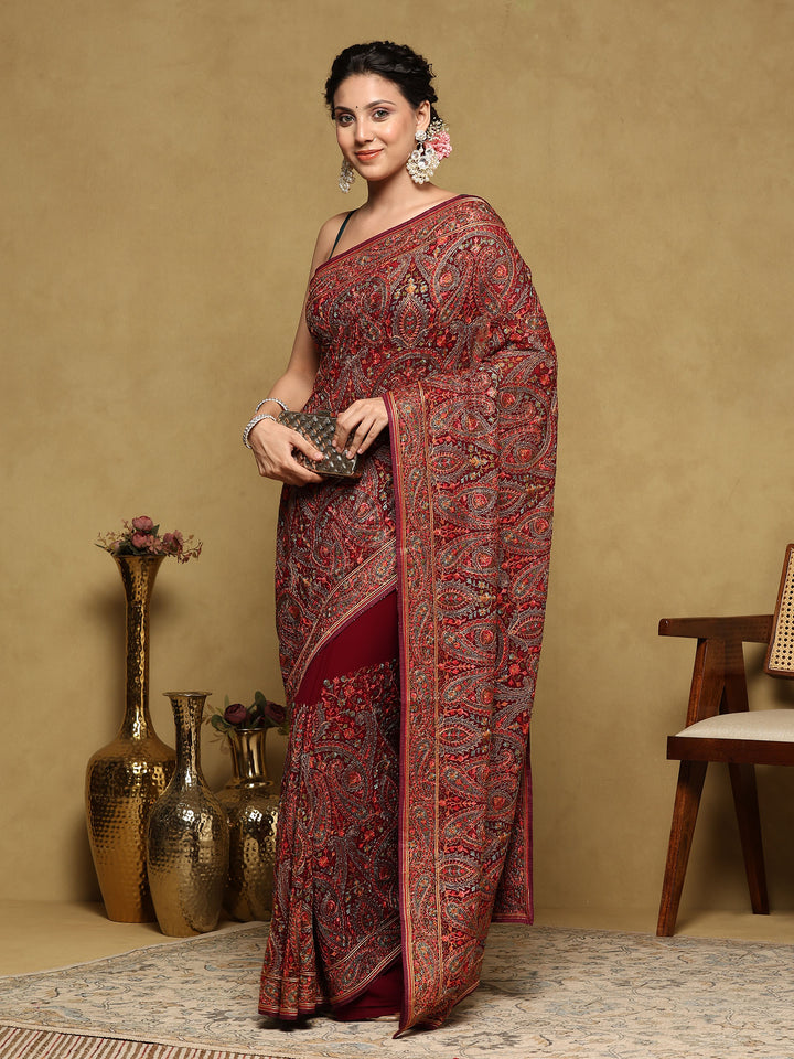 Wine Embroidered Georgette Saree