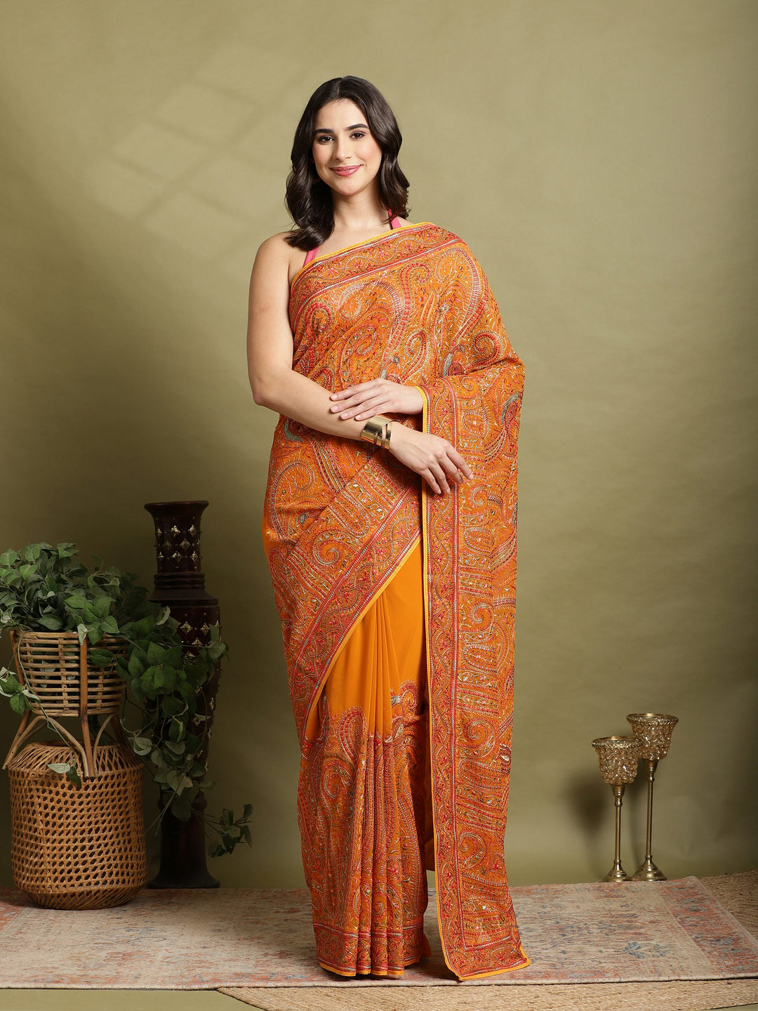 Mustard Embroidered Georgette Saree