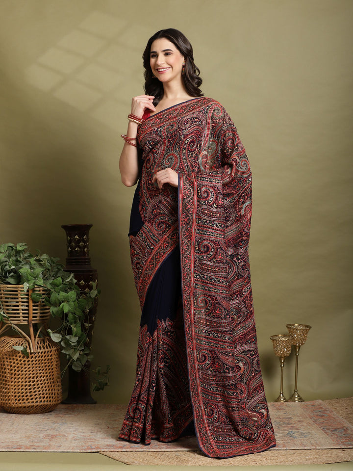 Navy Blue Embroidered Georgette Saree