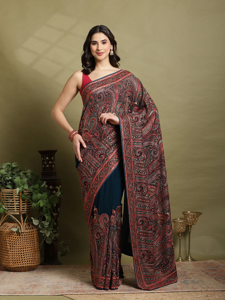 Teal Blue Embroidered Georgette Saree
