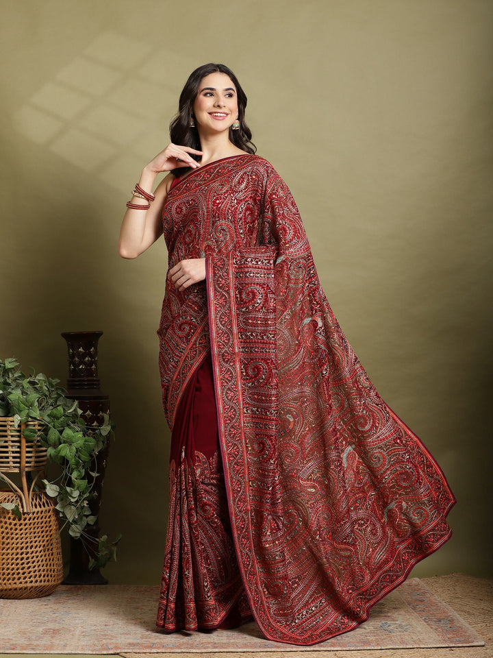 Wine Embroidered Georgette Saree
