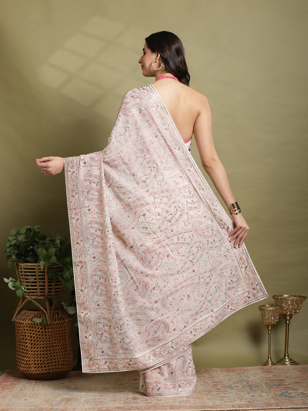 Off White Embroidered Georgette Saree