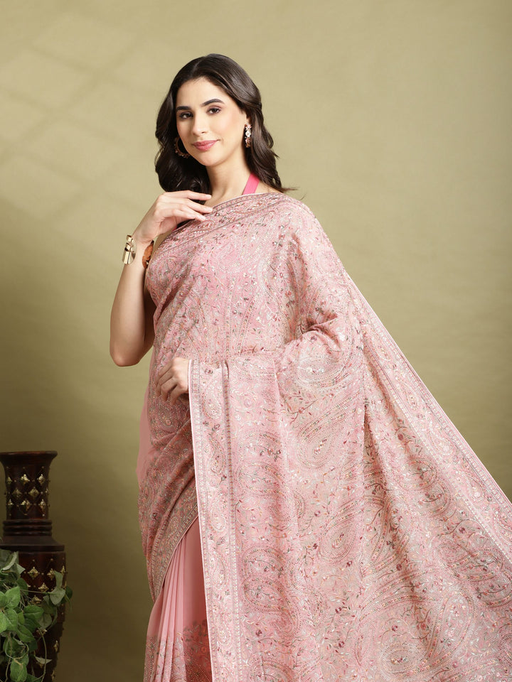 Pink Embroidered Georgette Saree