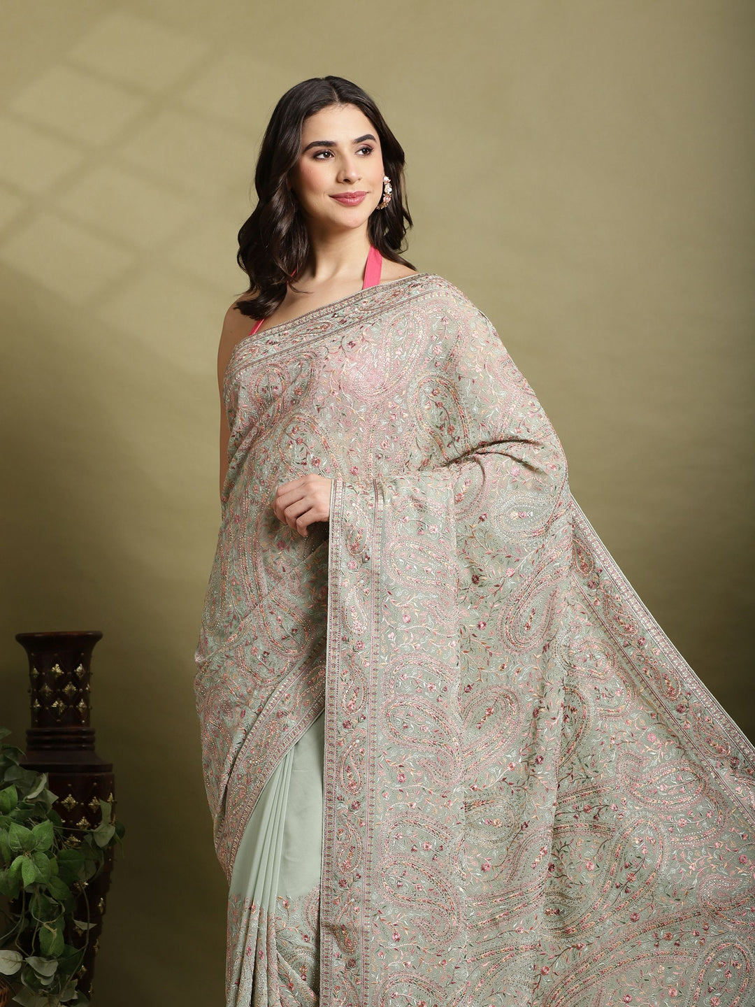 Sea Green Embroidered Georgette Saree
