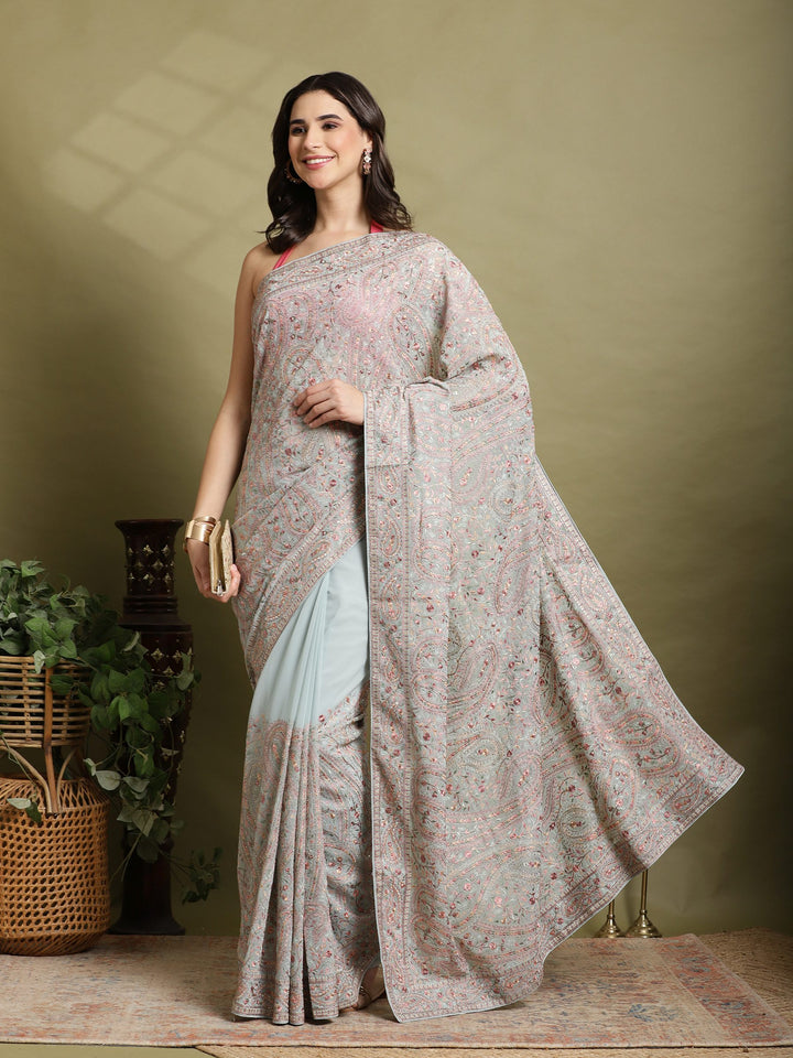 Sky Blue Embroidered Georgette Saree
