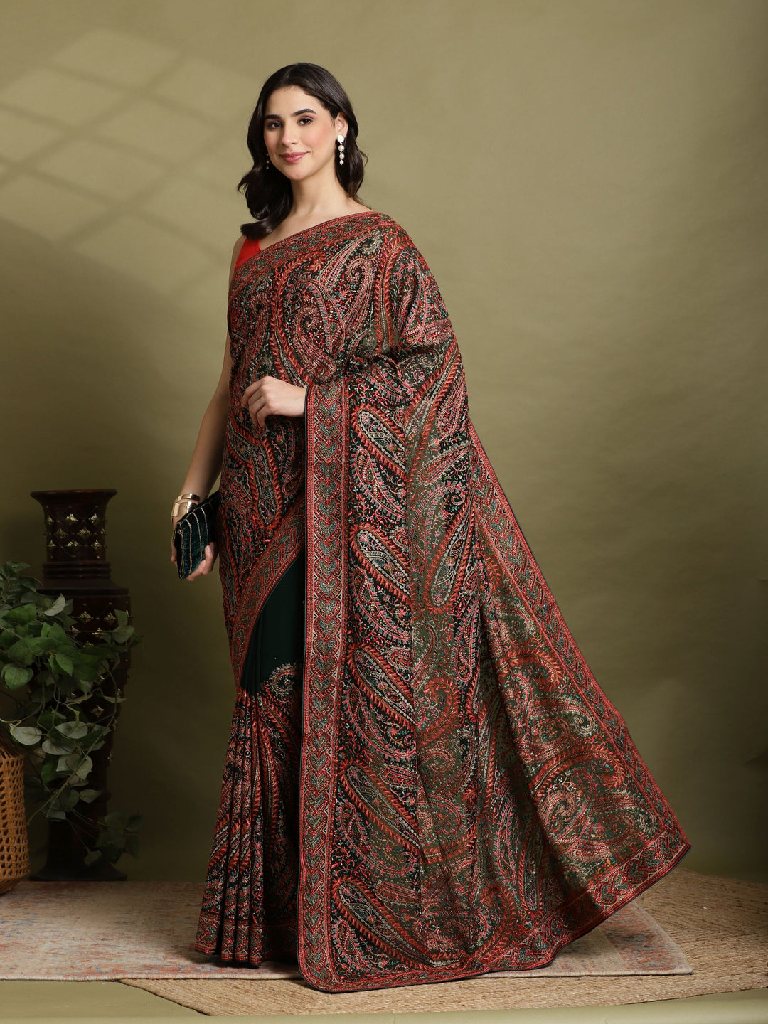 Bottle Green Embroidered Georgette Saree