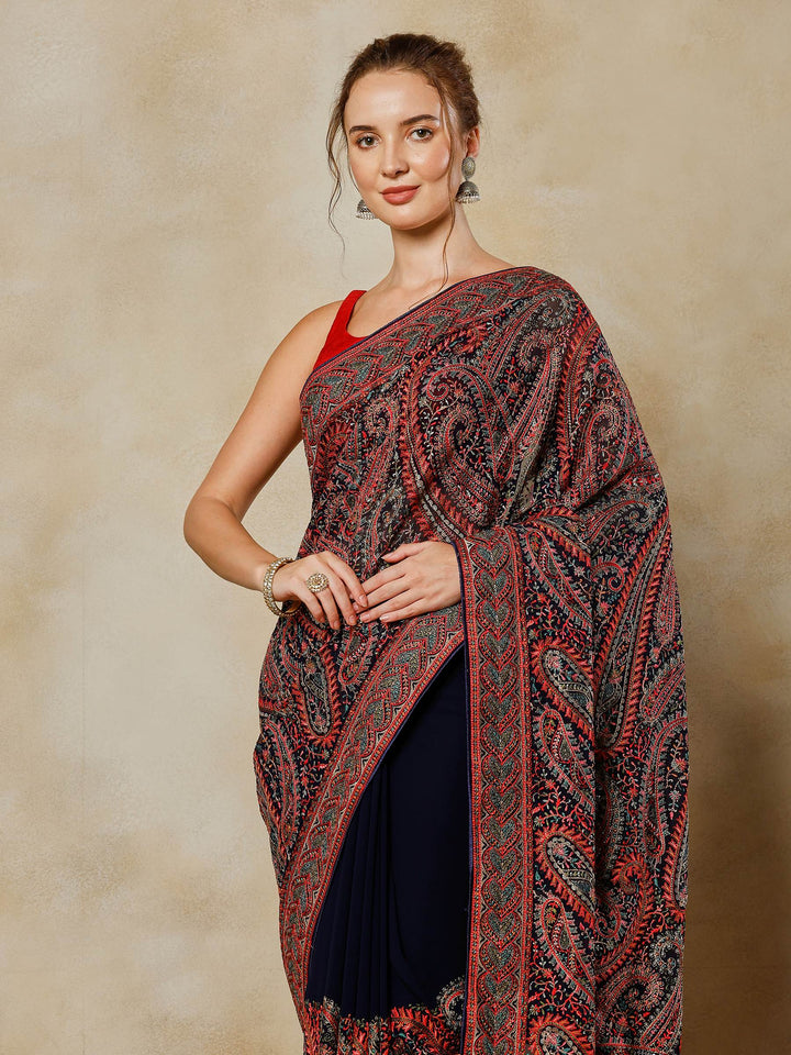 Navy Blue Embroidered Georgette Saree
