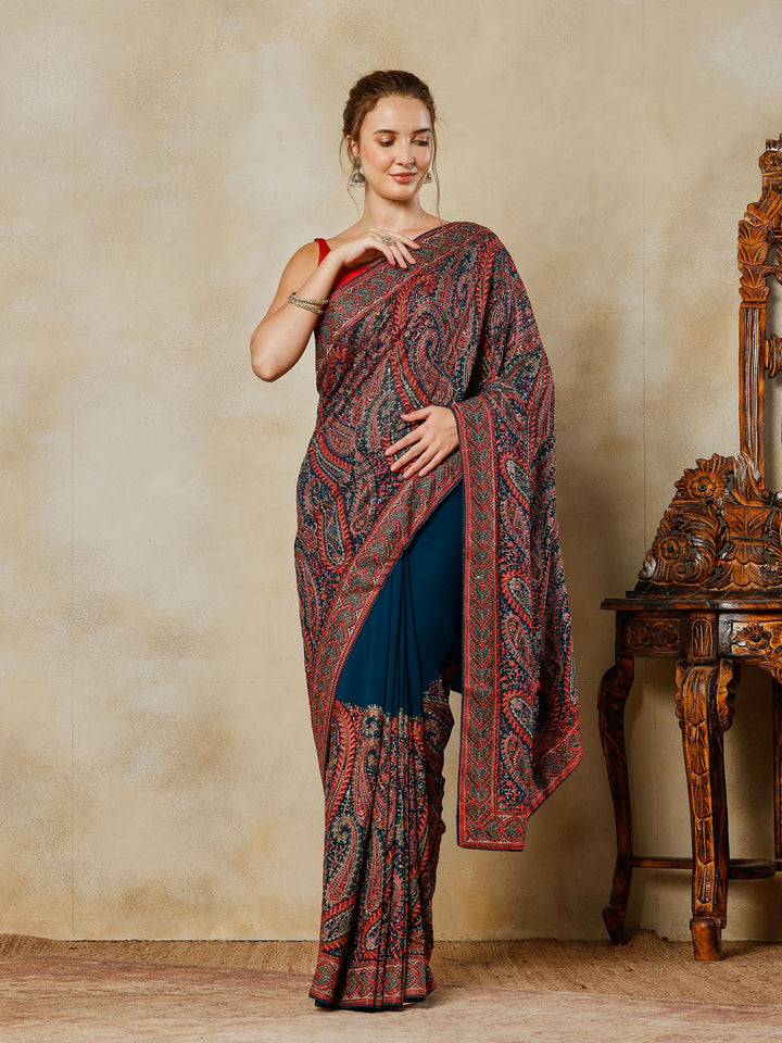 Teal Blue Embroidered Georgette Saree