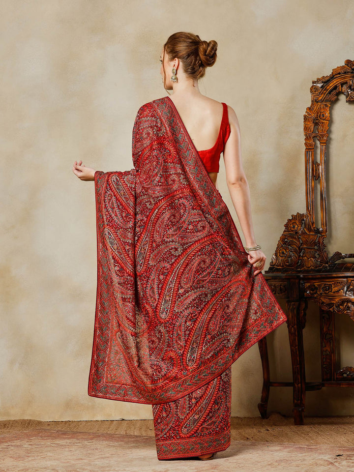 Wine Embroidered Georgette Saree