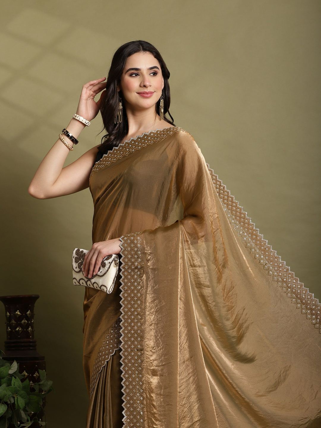 Brown Embroidered Tissue Saree