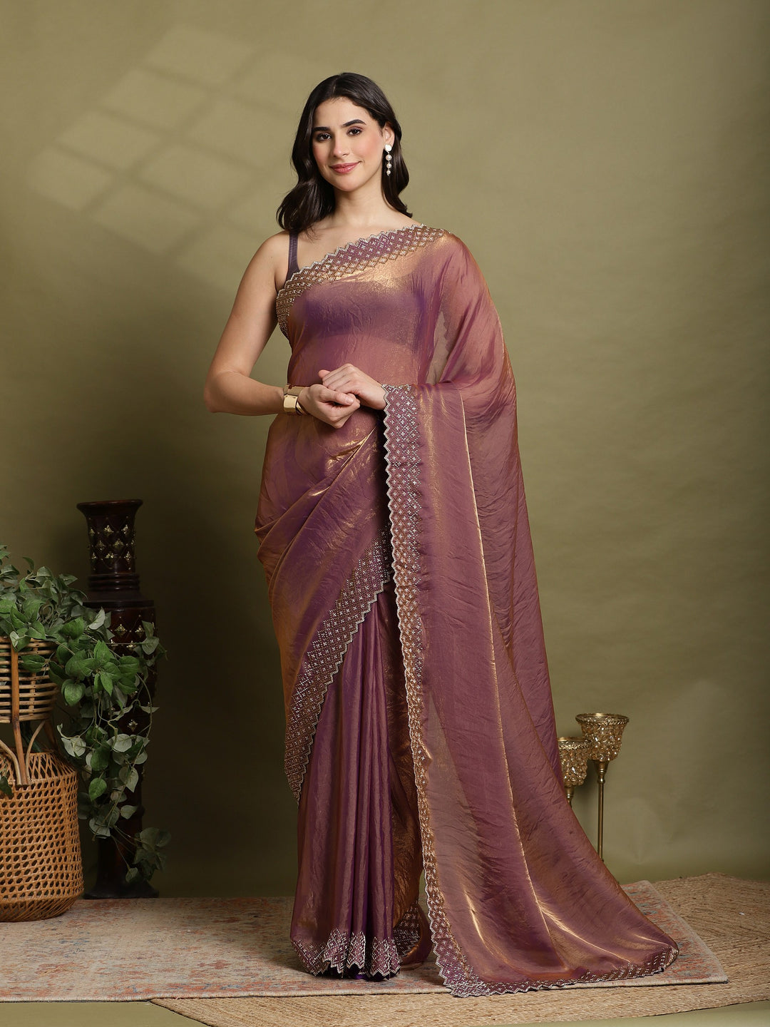 Purple Embroidered Tissue Saree