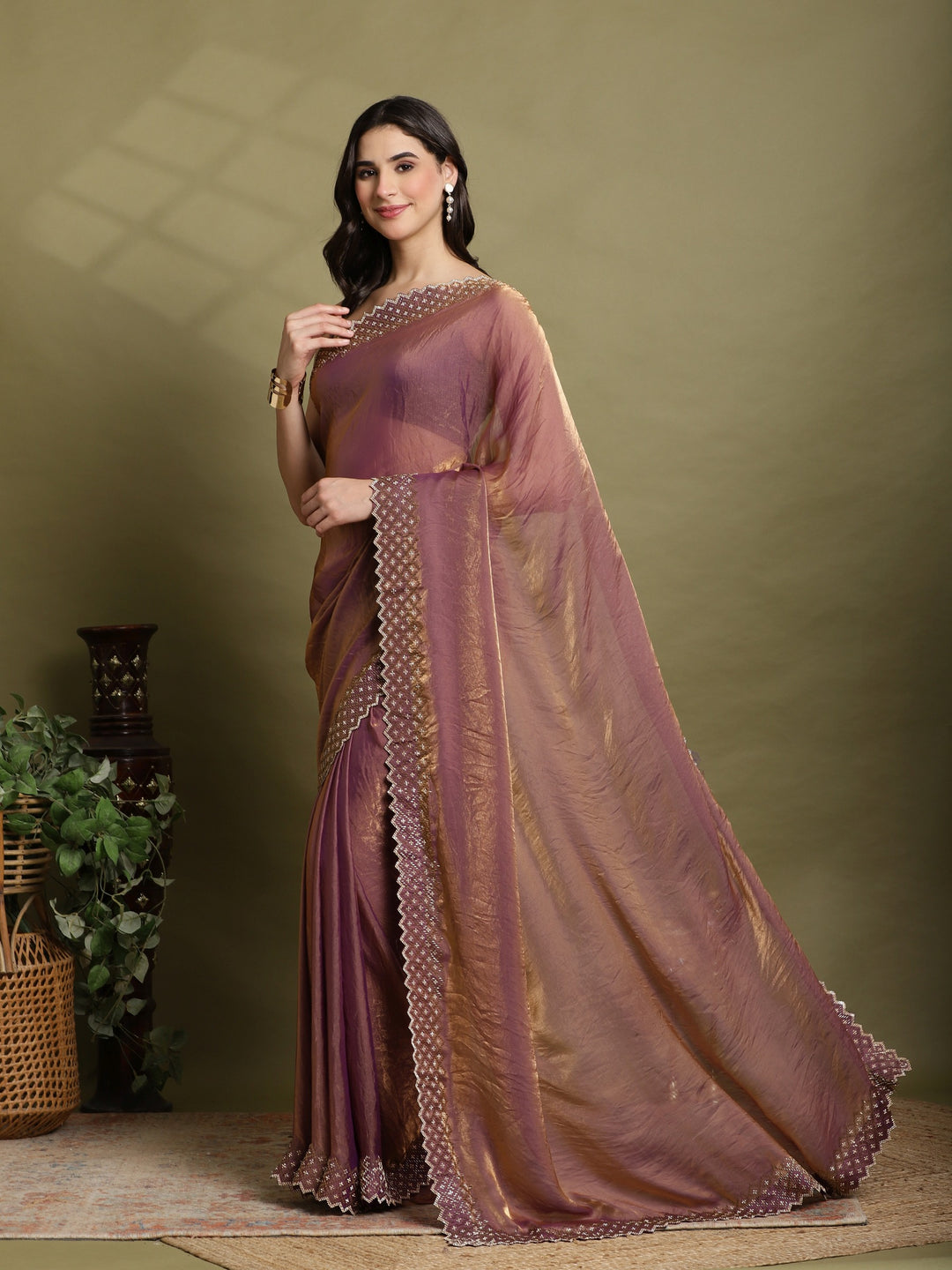 Purple Embroidered Tissue Saree