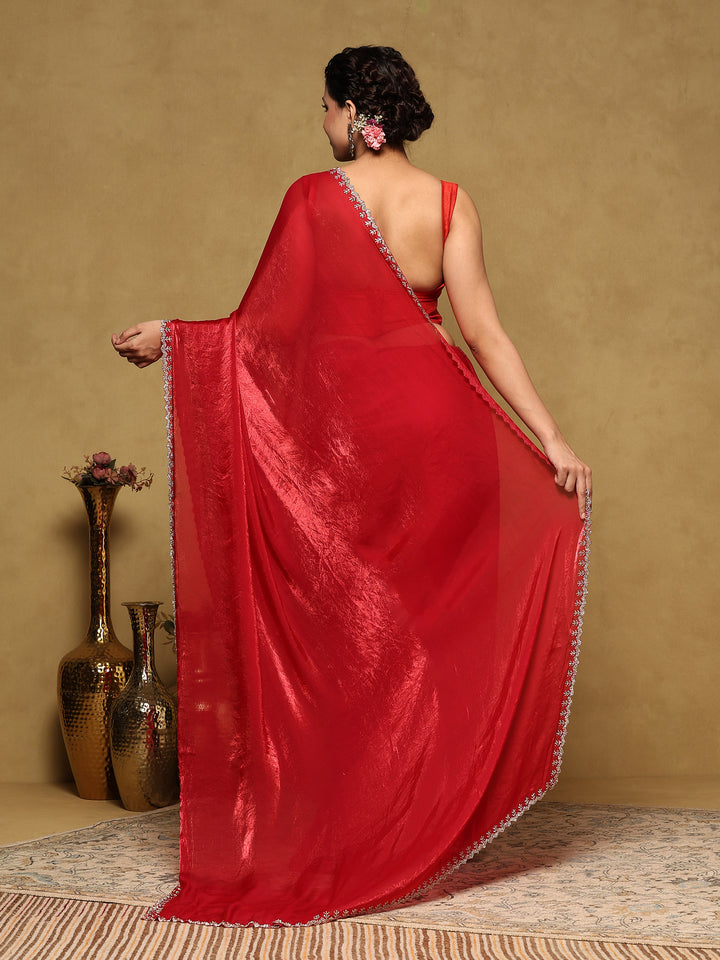 Hot Pink Embroidered Organza Saree