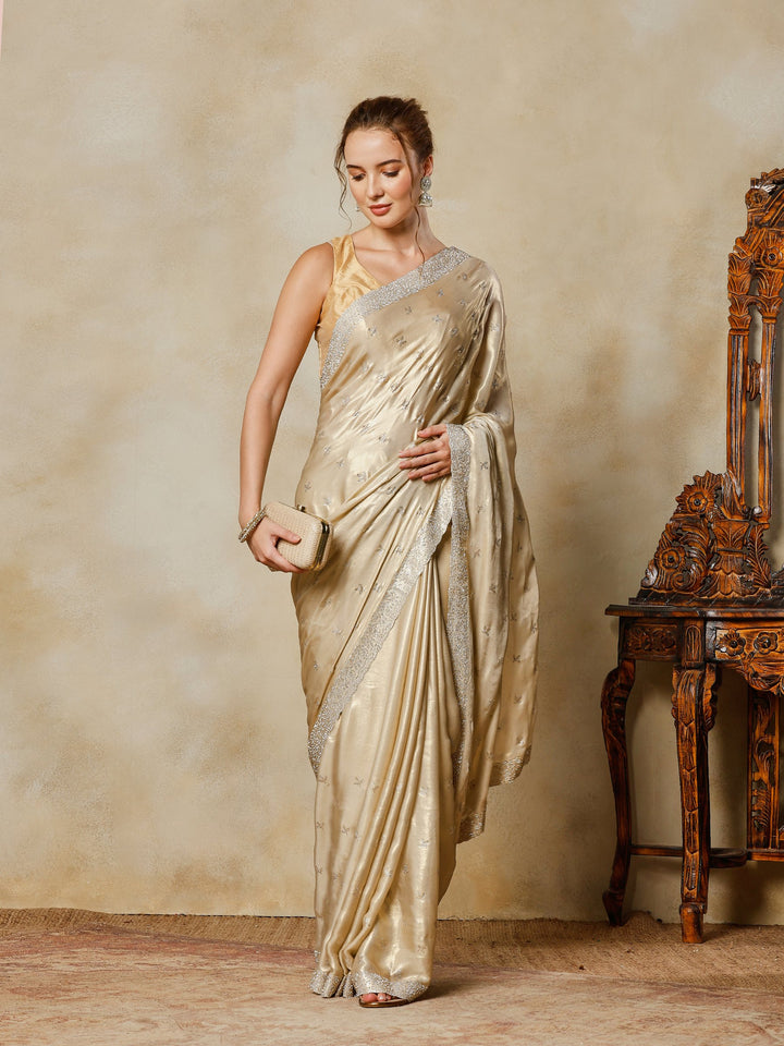 Beige Embroidered Tissue Saree