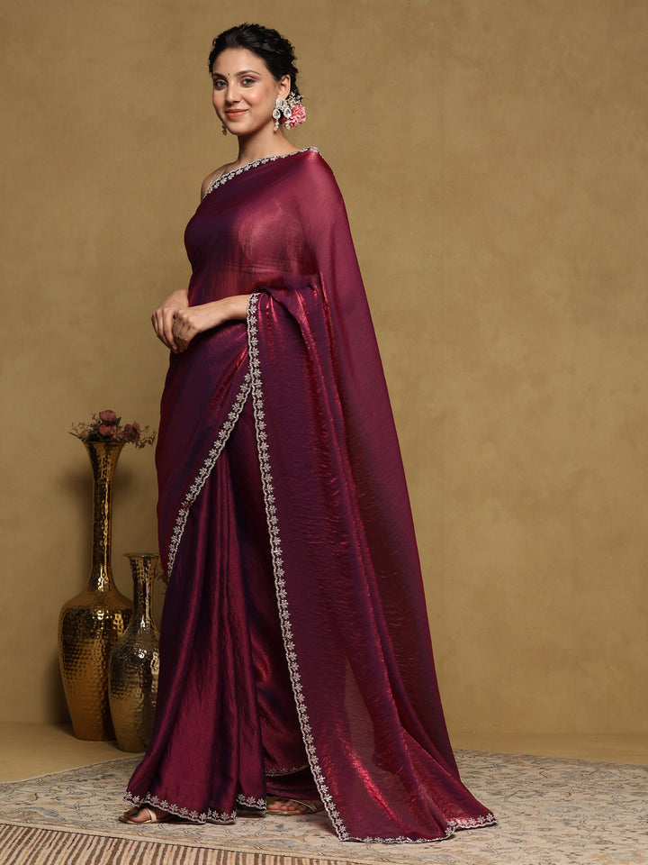 Magenta Embroidered Tissue Saree