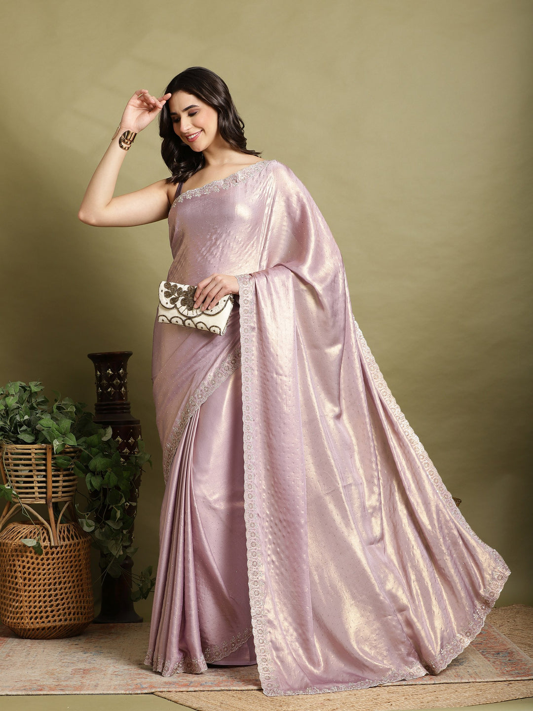 Lavender Embroidered Tissue Saree
