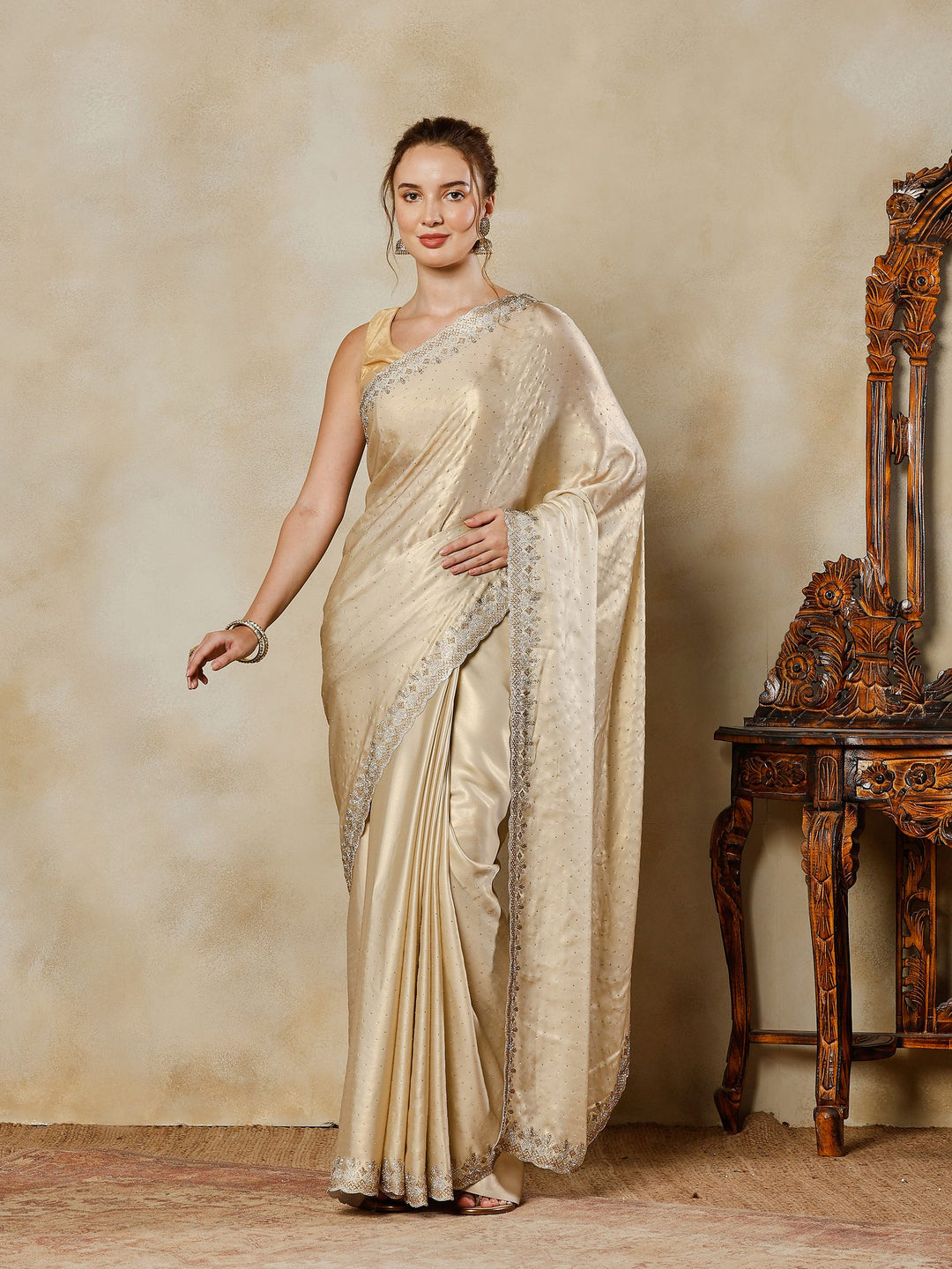 Beige Embroidered Tissue Saree