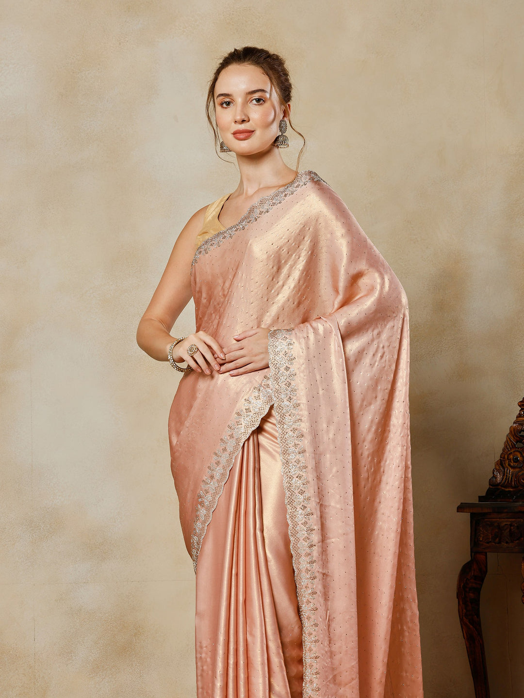 Peach Embroidered Tissue Saree