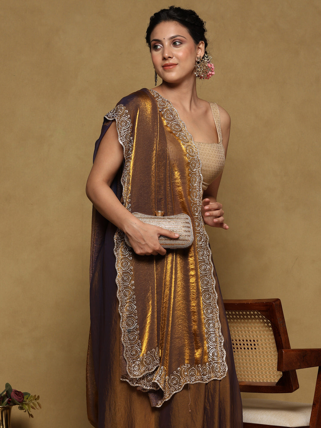 Brown Embroidered Tissue Saree