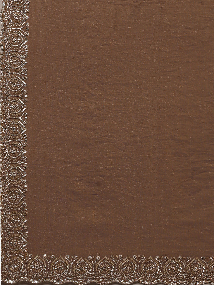 Brown Embroidered Tissue Saree