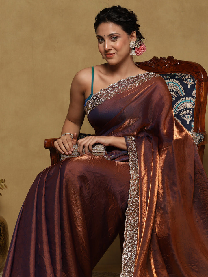 Rust Embroidered Tissue Saree