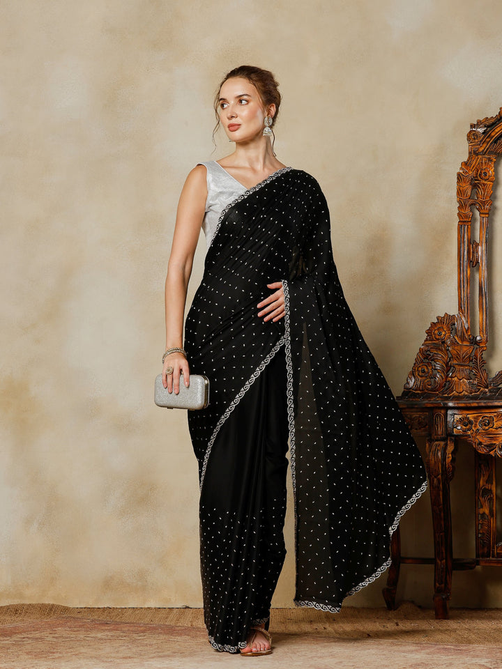 Black Printed Satin Saree