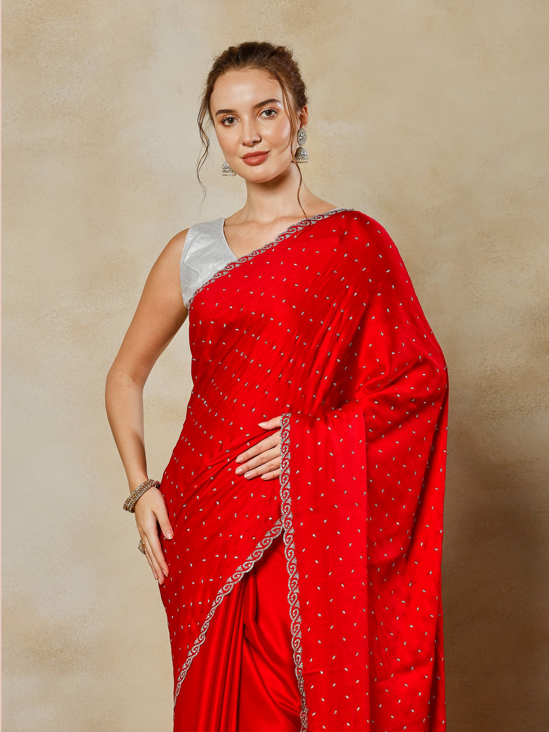 Hot Pink Printed Satin Saree