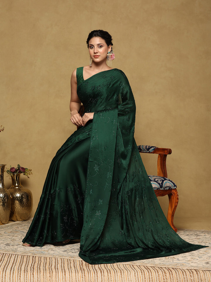 Bottle Green Printed Satin Saree